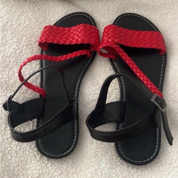Shoes - Red and Black Minimalist Sandals with Braided Straps